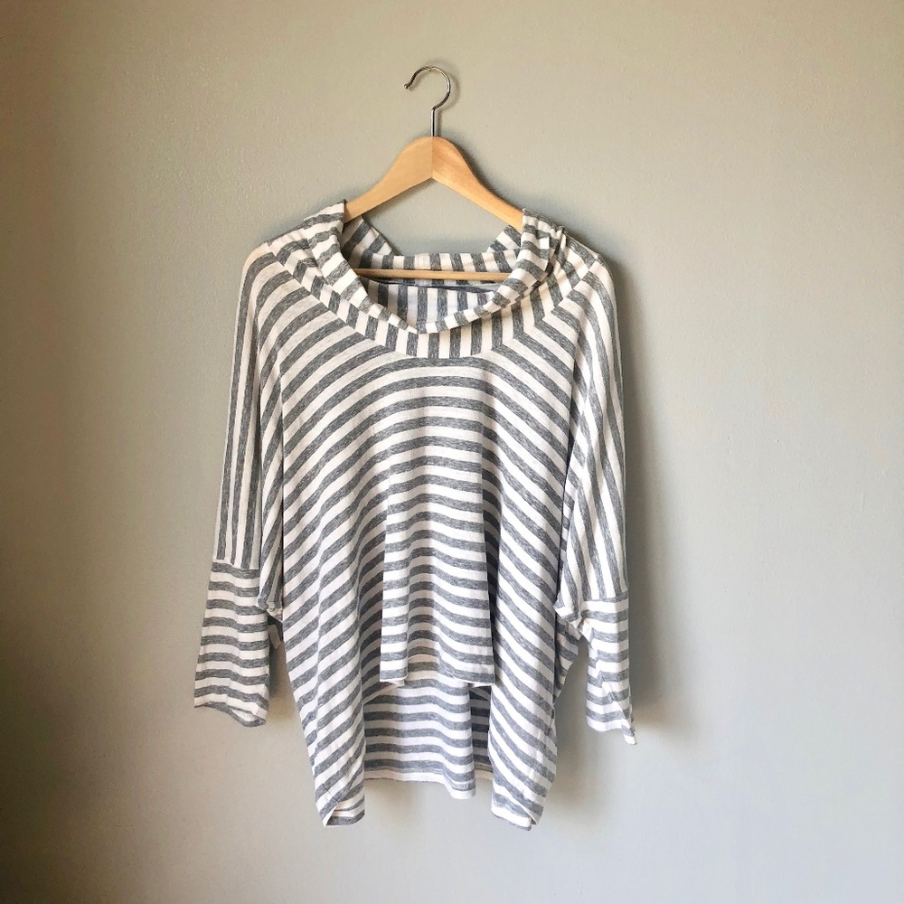 Eileen Fisher Gray & White Stripe Cowl Neck Top